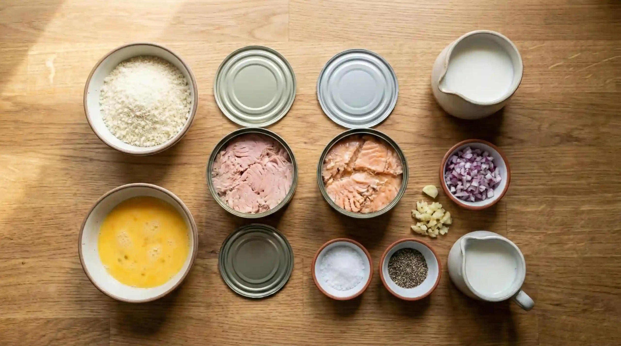Ingredients for a tuna and salmon loaf arranged on a countertop