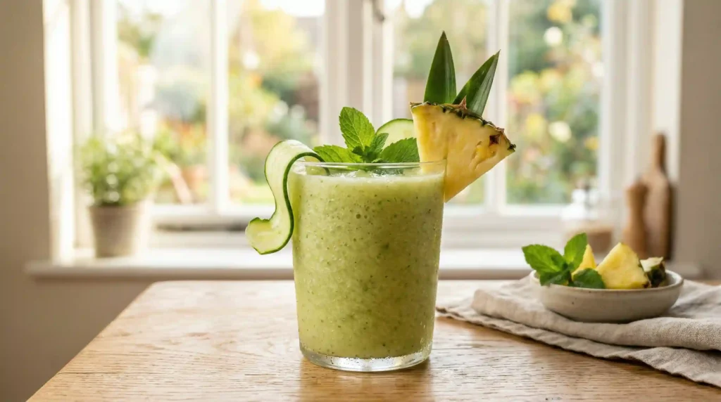 cucumber pineapple ginger coconut water smoothie in glass with fresh garnish