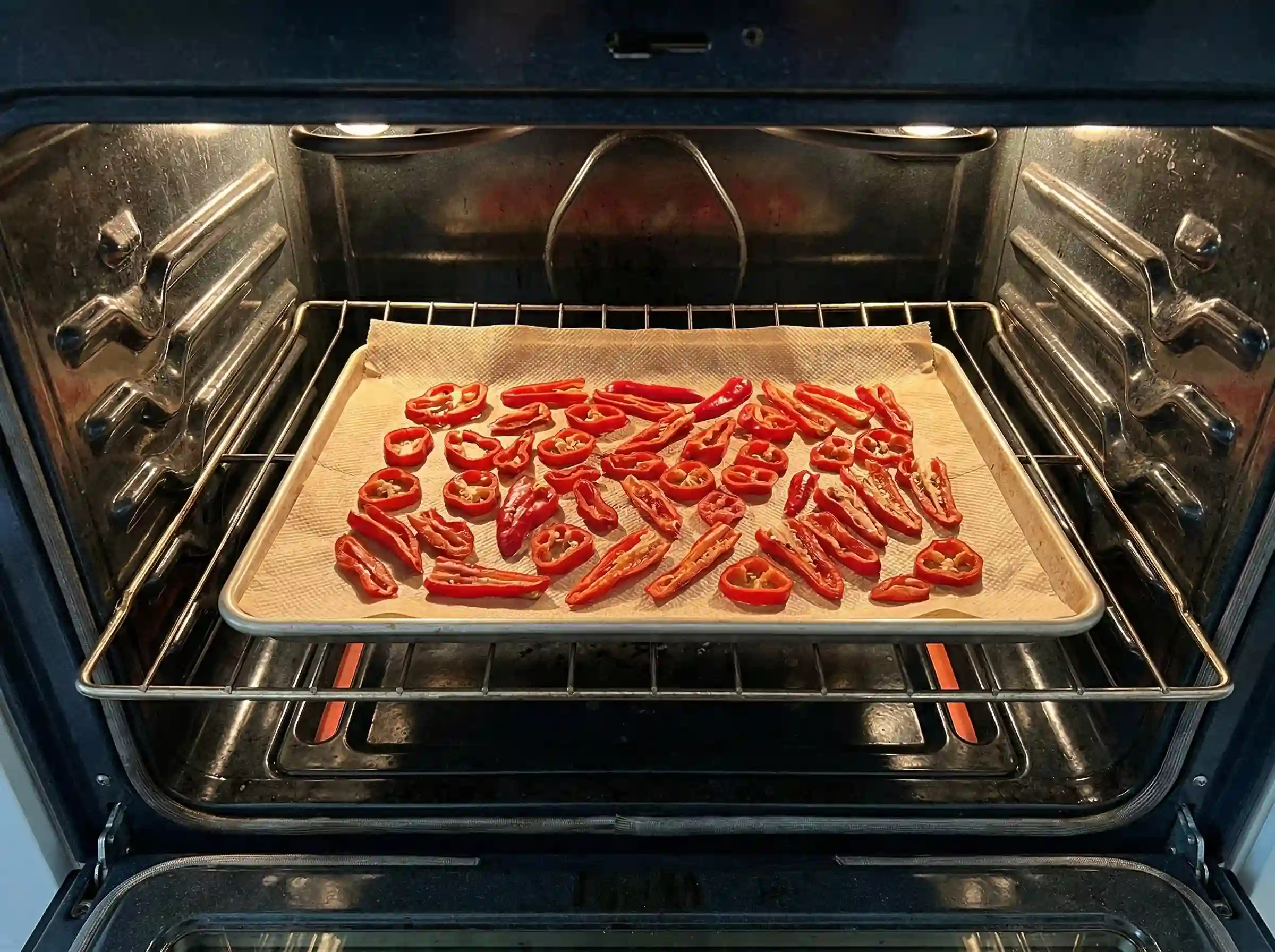 Fresno peppers drying on baking sheet in oven