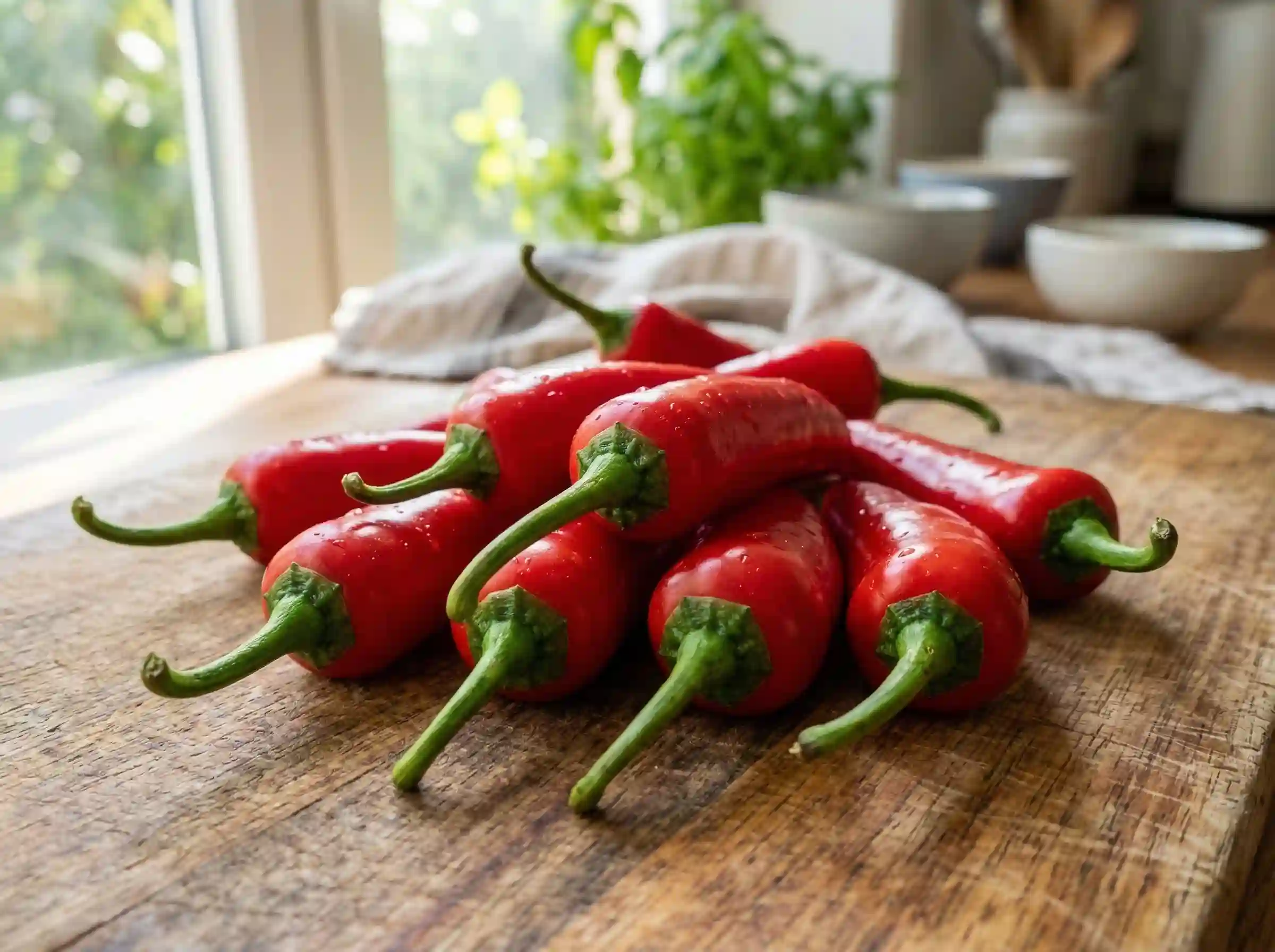 fresh red Fresno chili peppers on cutting board