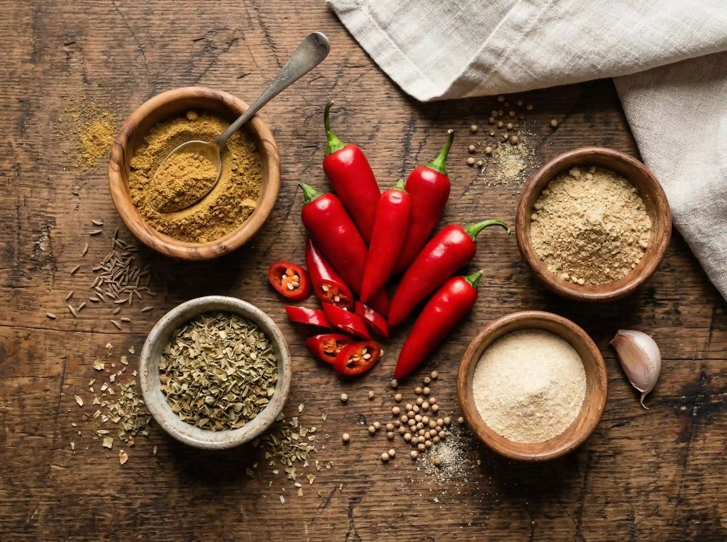 ingredients for Fresno chili powder including peppers cumin coriander garlic powder and Mexican oregano