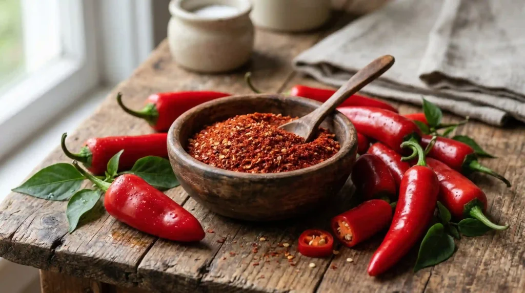 homemade Fresno chili powder with fresh Fresno chilies on wooden table