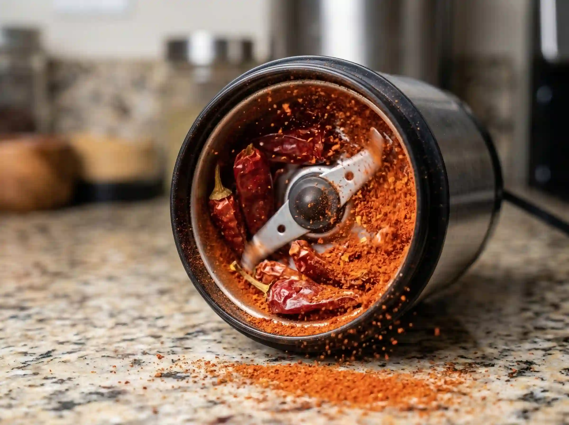 spice grinder turning dried Fresno peppers into chili powder