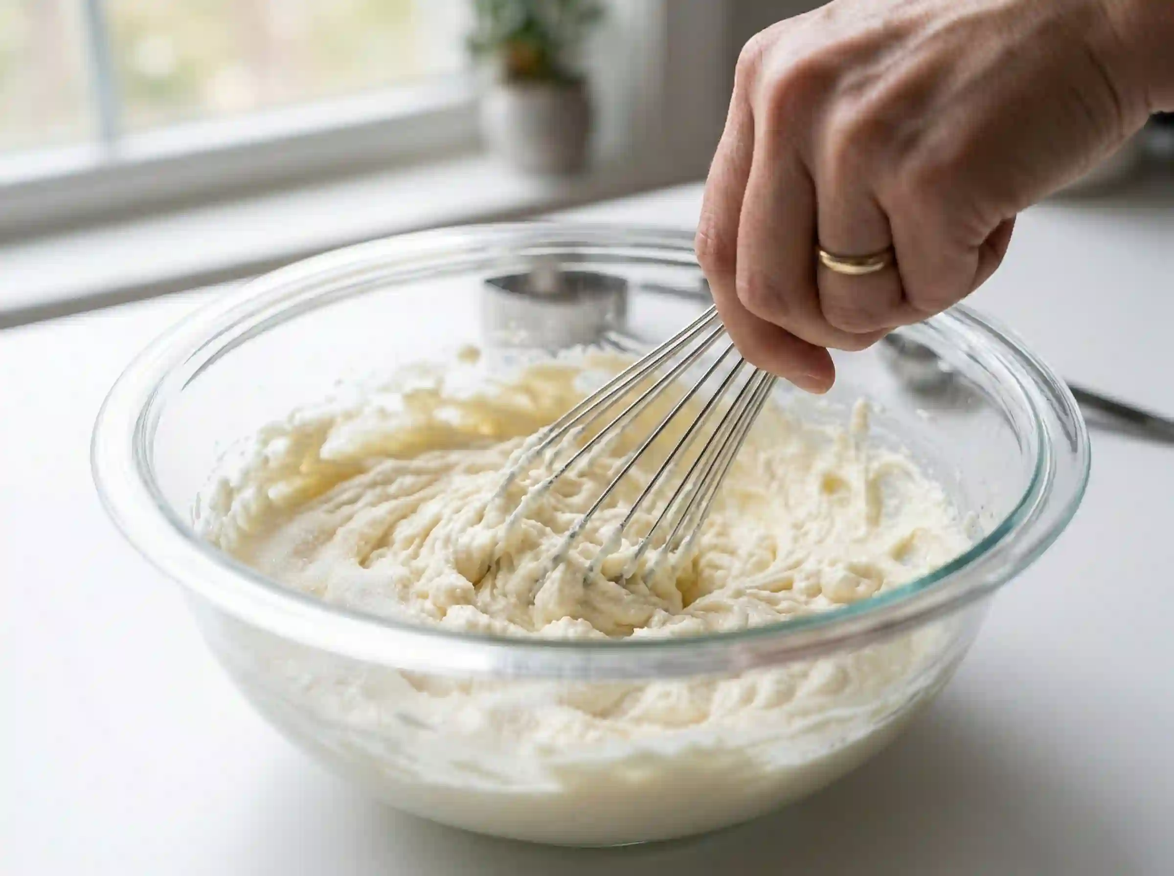 Whisking cream cheese base with granulated sugar for ninja creami vanilla recipe
