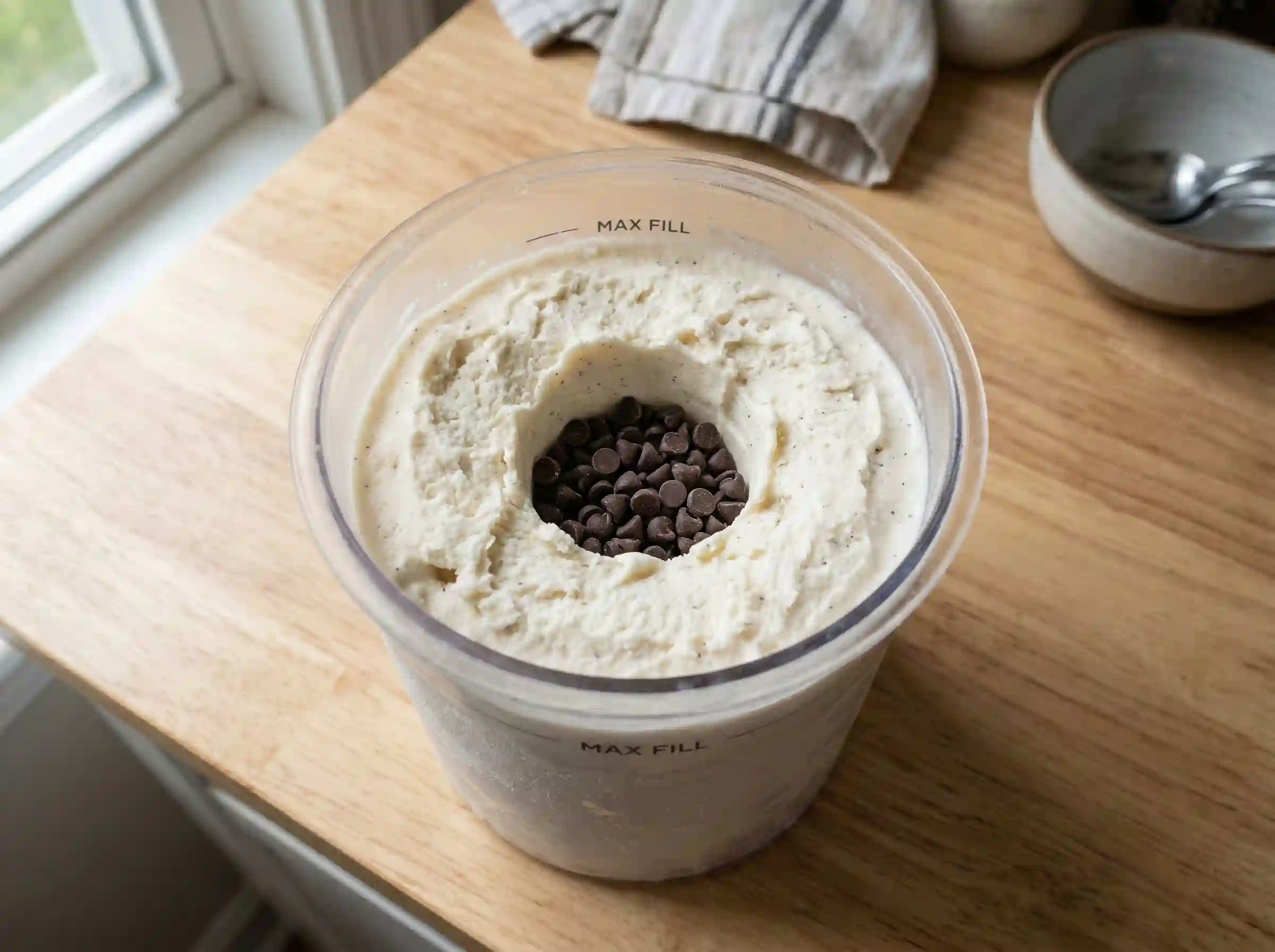 Center well in ninja creami vanilla ice cream with mini chocolate chips before mix in program