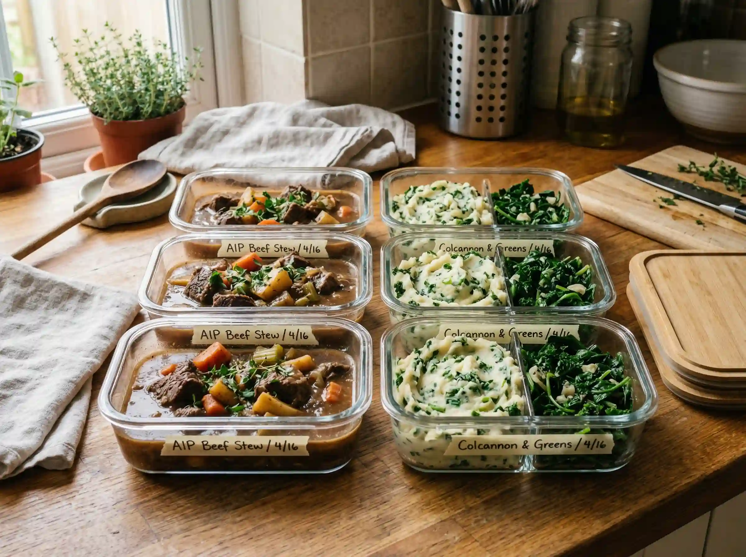 AIP Irish meal prep with stew colcannon and vegetables in containers