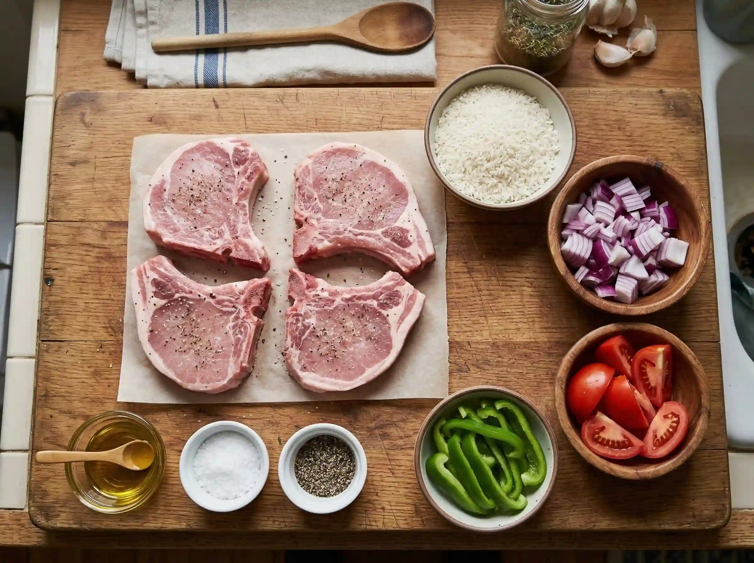 ingredients for ann's pork chops recipe pork chops rice onion tomatoes olive oil seasoningingredients for ann's pork chops recipe pork chops rice onion tomatoes olive oil seasoning