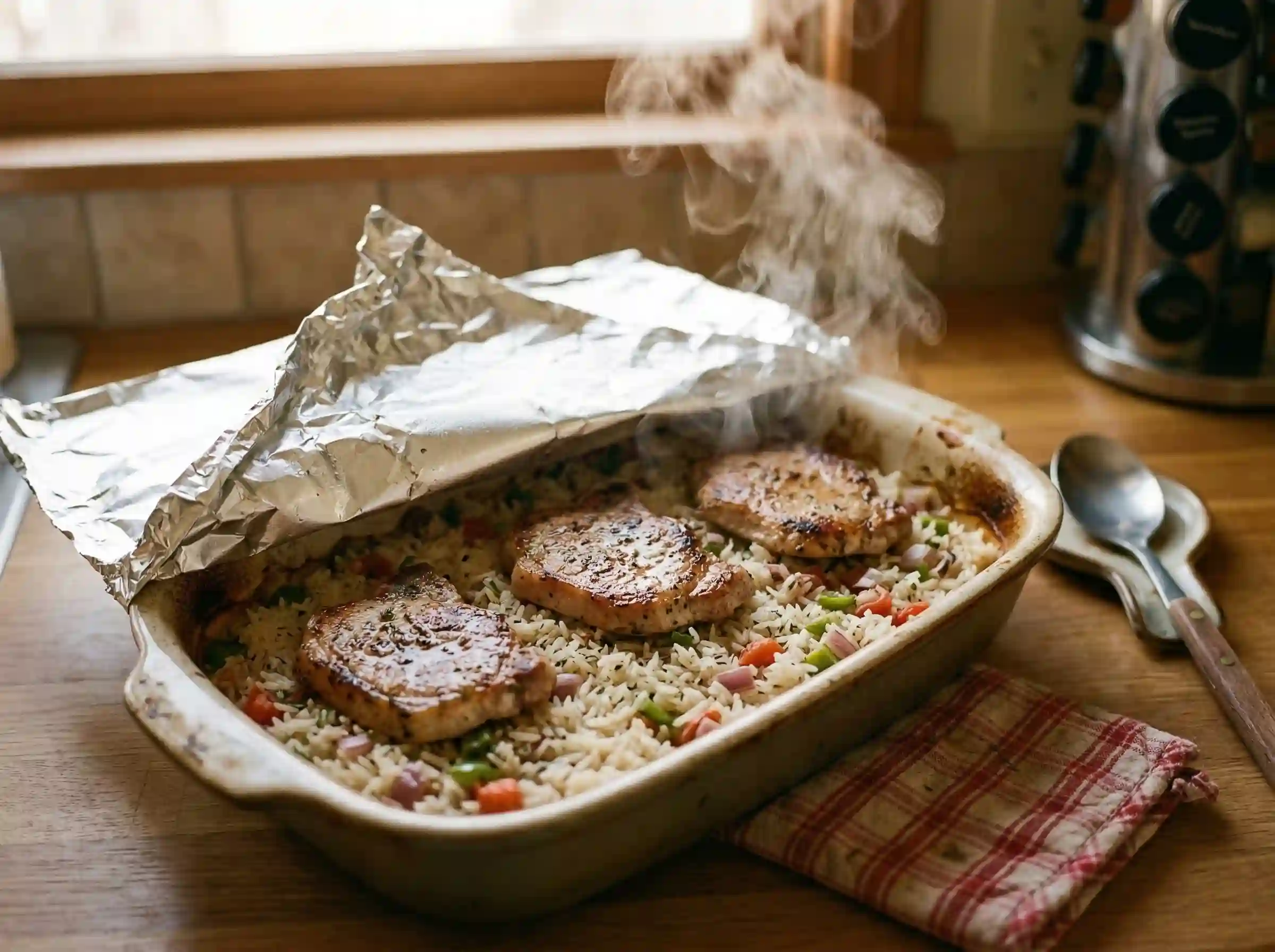 pork chops and rice baked in casserole dish with foil cover