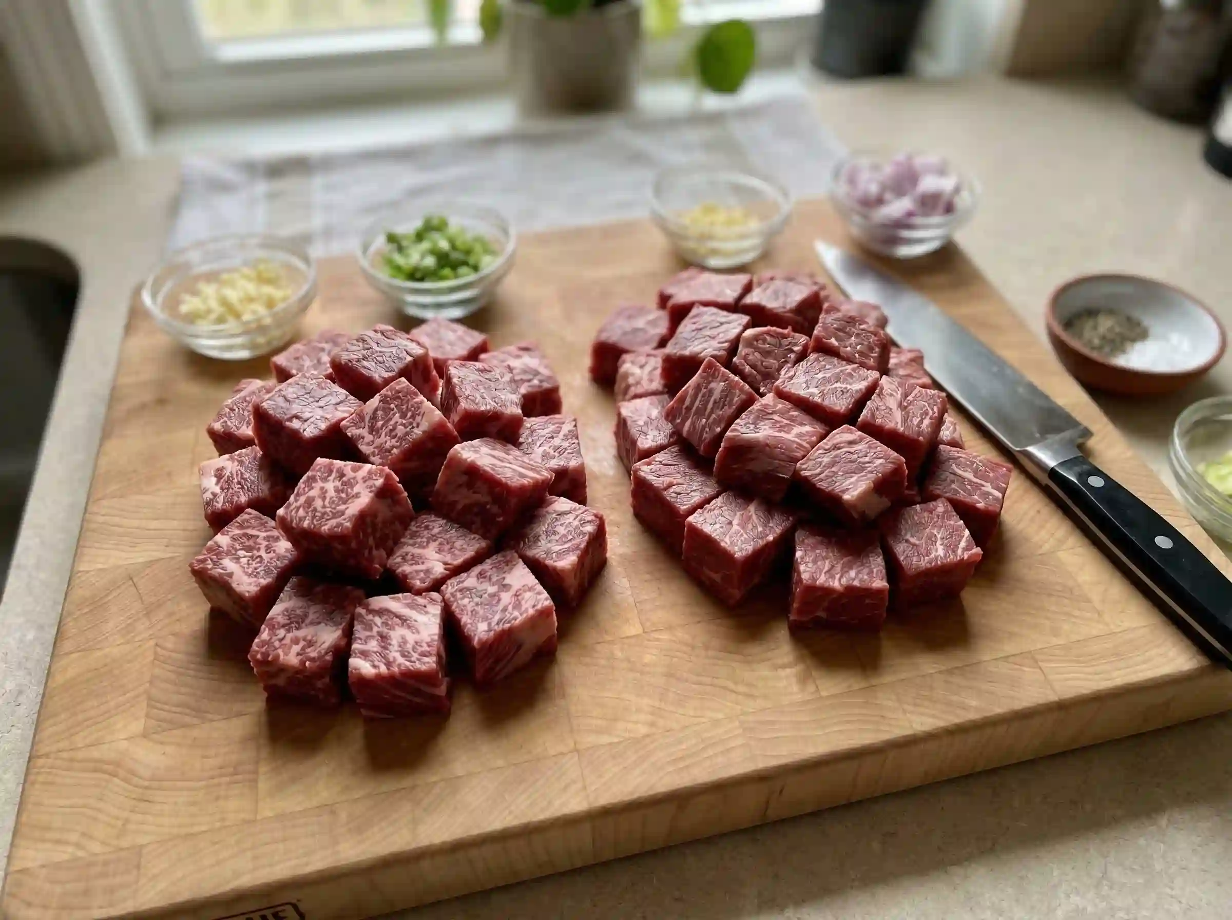 Raw ribeye and sirloin steak cubes for Vietnamese shaking beef recipe