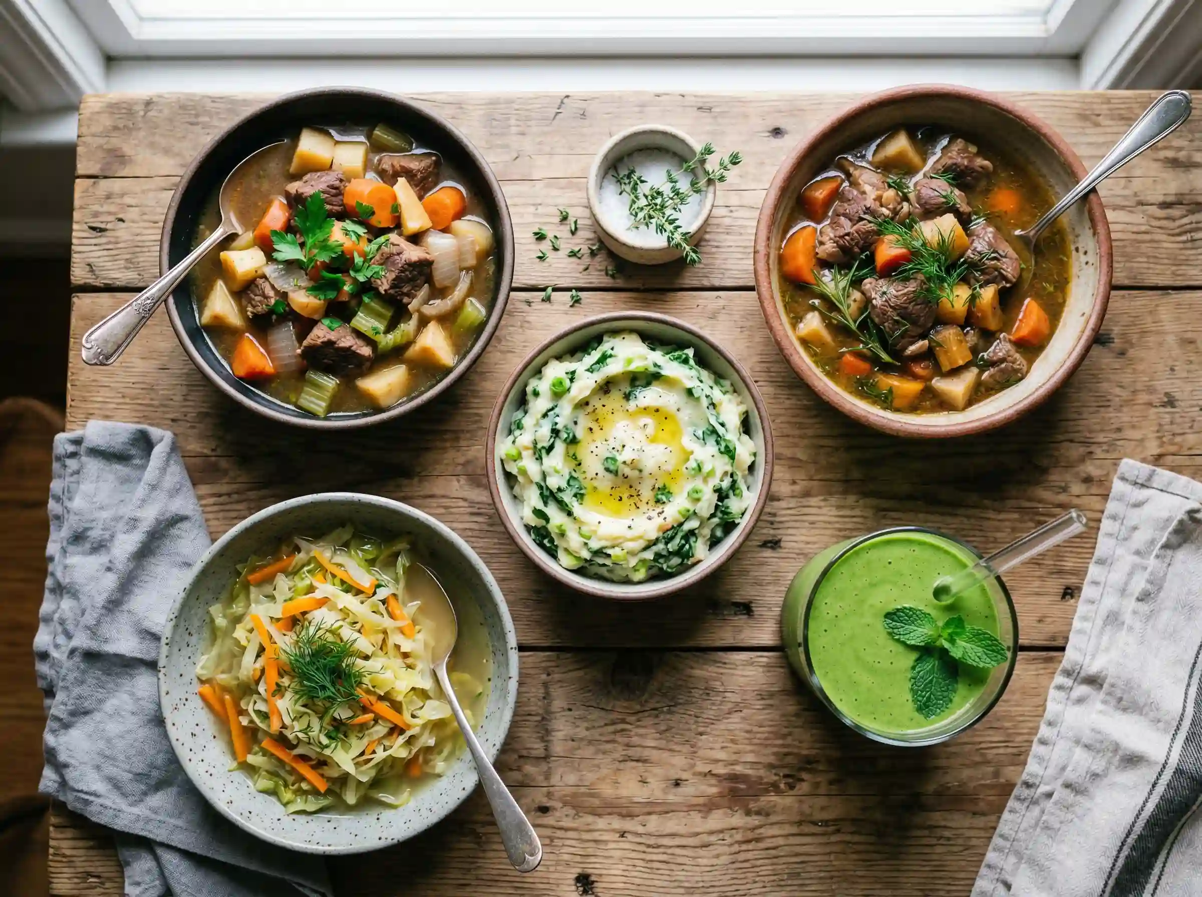 Best Irish AIP recipes including stew, colcannon, soup, and healthy drinks