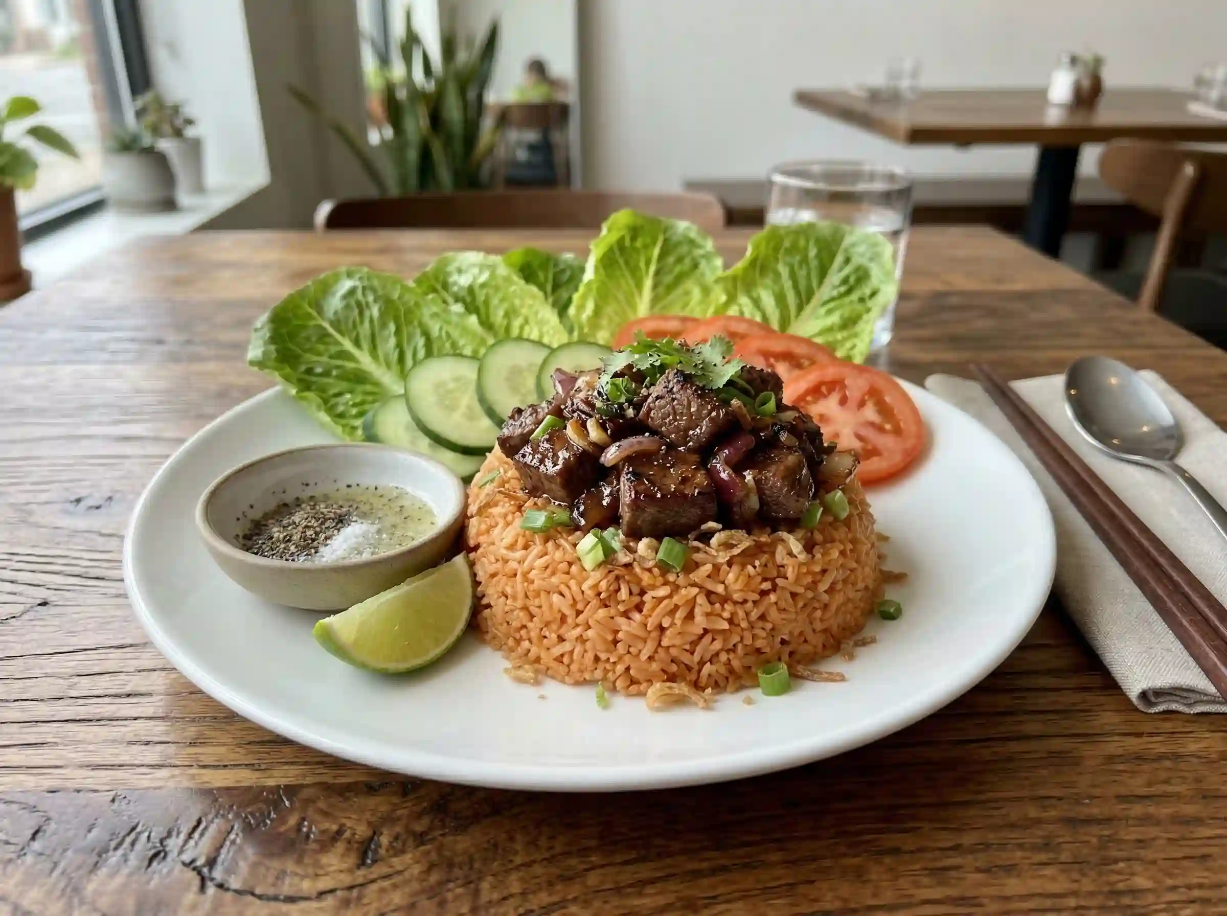 Vietnamese shaking beef plated with tomato rice lettuce cucumber and dipping sauce