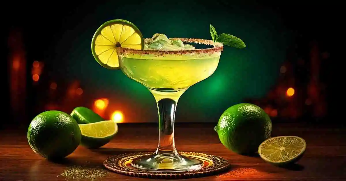 A refreshing classic margarita served in a cocktail glass with a salted rim, garnished with a lime slice and mint leaves, surrounded by fresh limes on a wooden table, perfect for Margaritaville machine recipes.