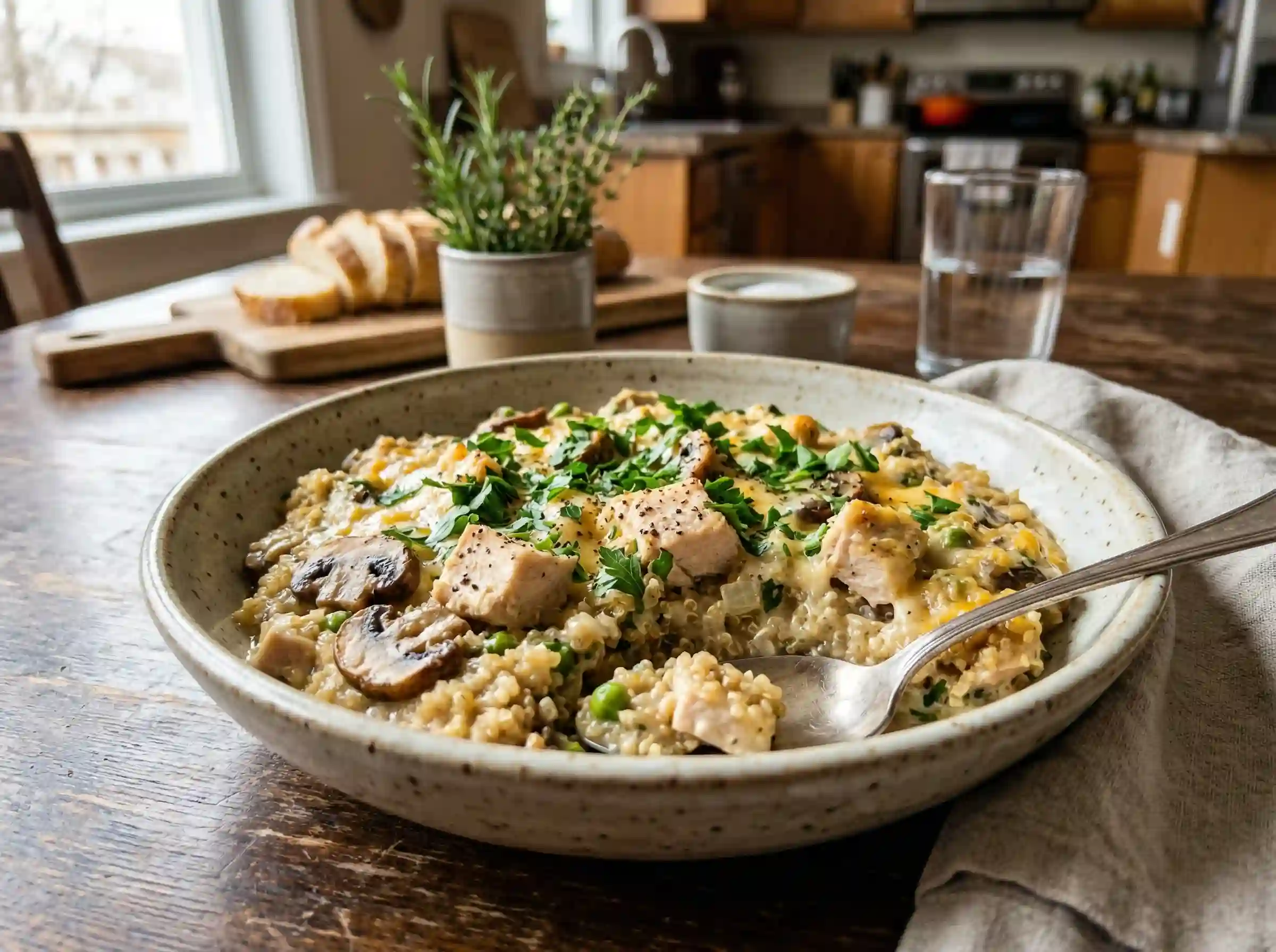 serving of creamy chicken quinoa casserole with mushroom sauce and tender chicken breast