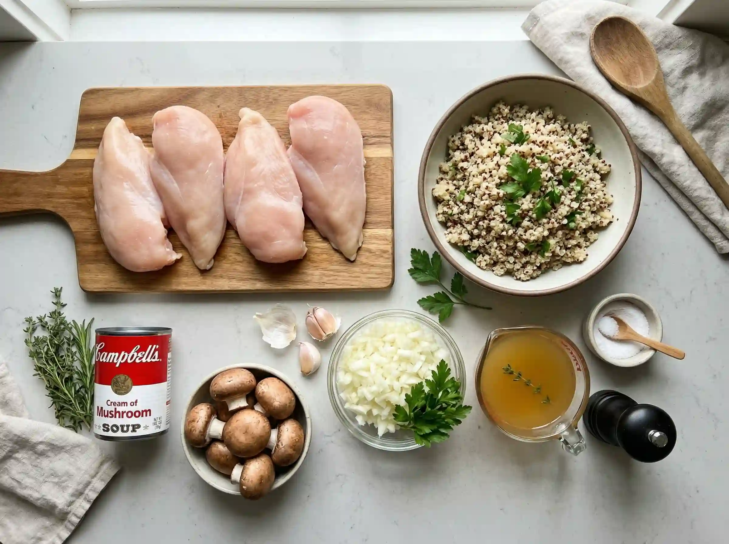 ingredients for chicken breast and leftover quinoa cream of mushroom soup recipe including quinoa chicken and mushrooms