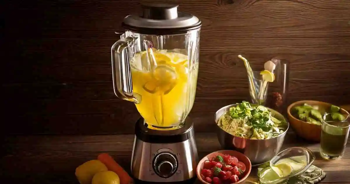 A Margaritaville machine filled with a vibrant yellow beverage, surrounded by fresh ingredients including lemons, limes, berries, and greens, set against a rustic wooden background.