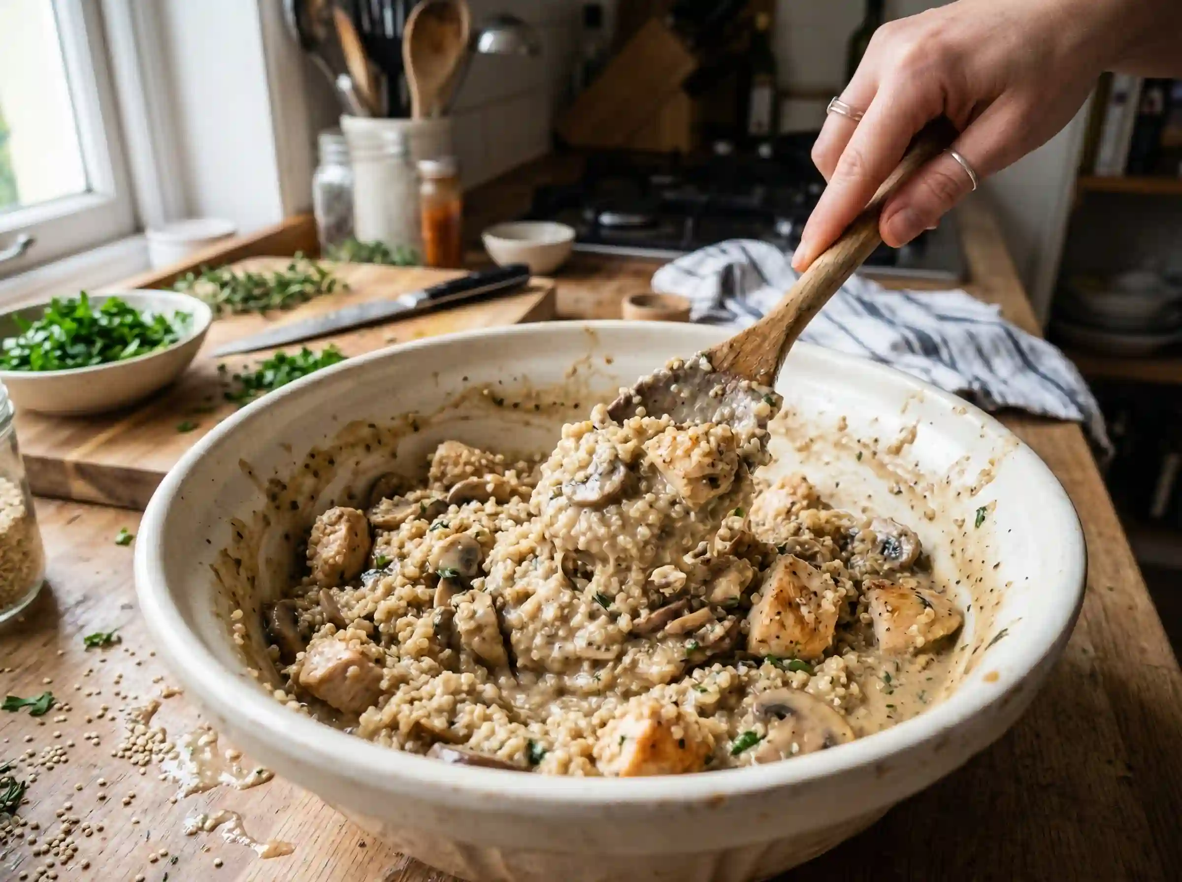 mixing leftover quinoa with chicken breast and cream of mushroom soup for casserole preparation
