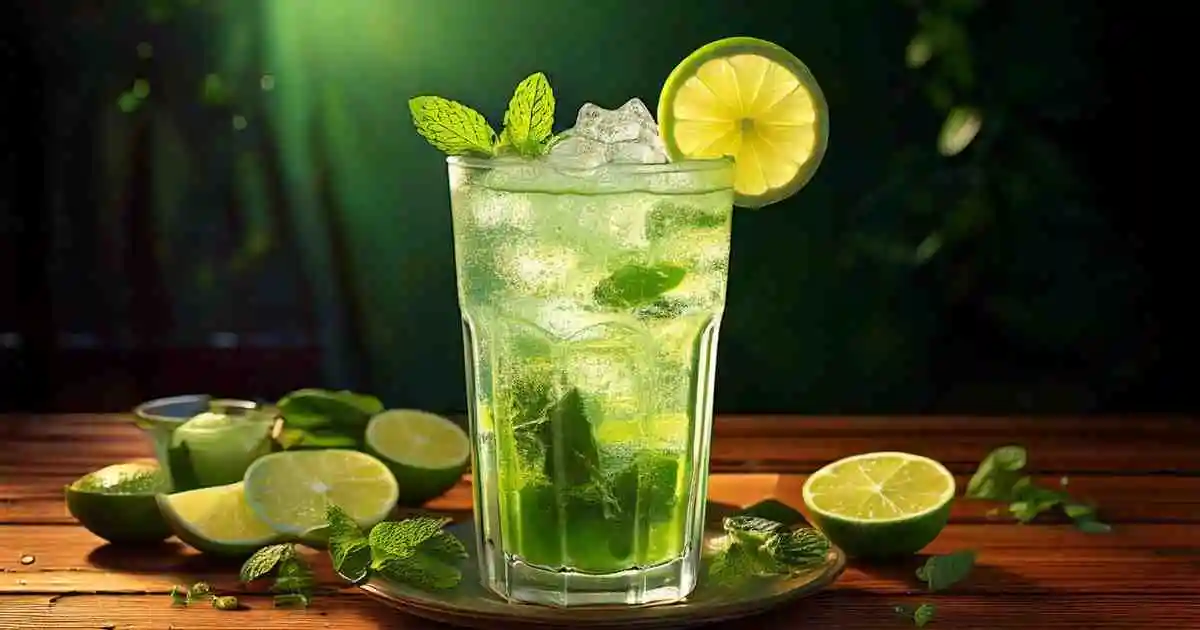 A refreshing mojito cocktail made with a Margaritaville machine, served in a tall glass filled with ice, mint leaves, and lime wedges, garnished with a lime slice and fresh mint sprigs, placed on a wooden table surrounded by lime halves and mint.