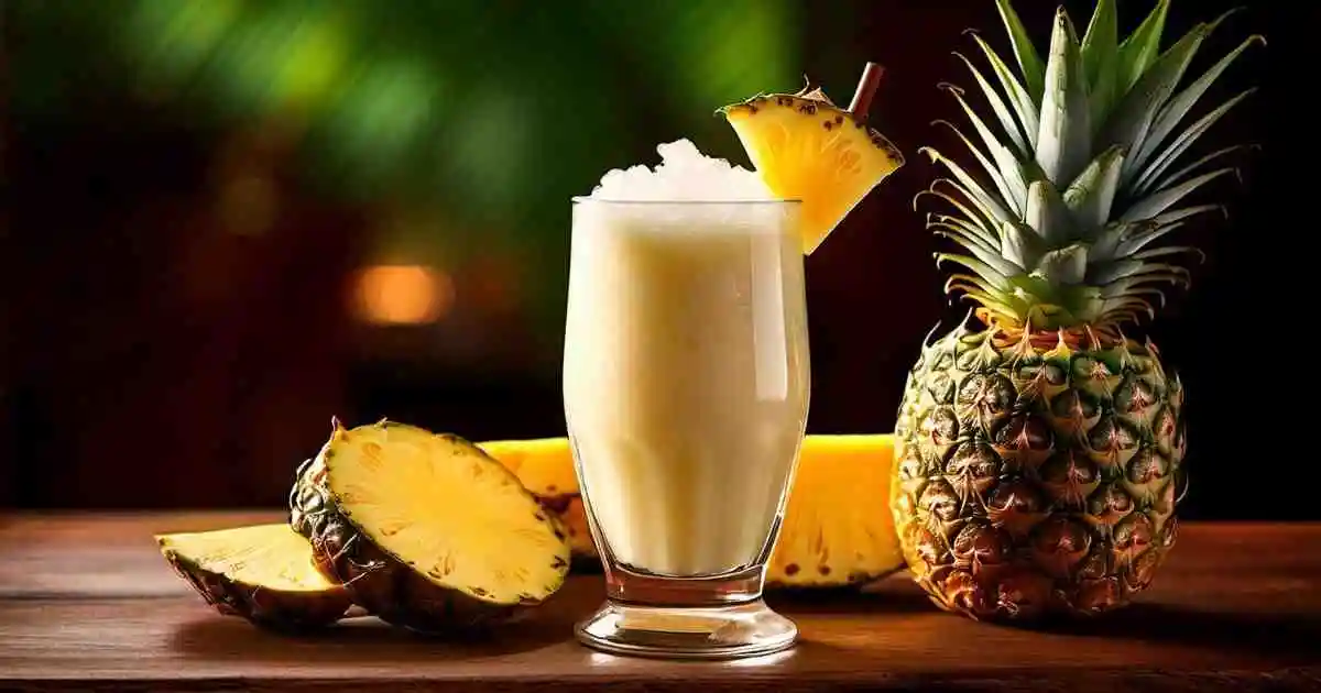 A refreshing pineapple cocktail made with a Margaritaville machine, served in a tall glass garnished with a pineapple wedge, surrounded by fresh pineapple slices and a whole pineapple on a wooden table.