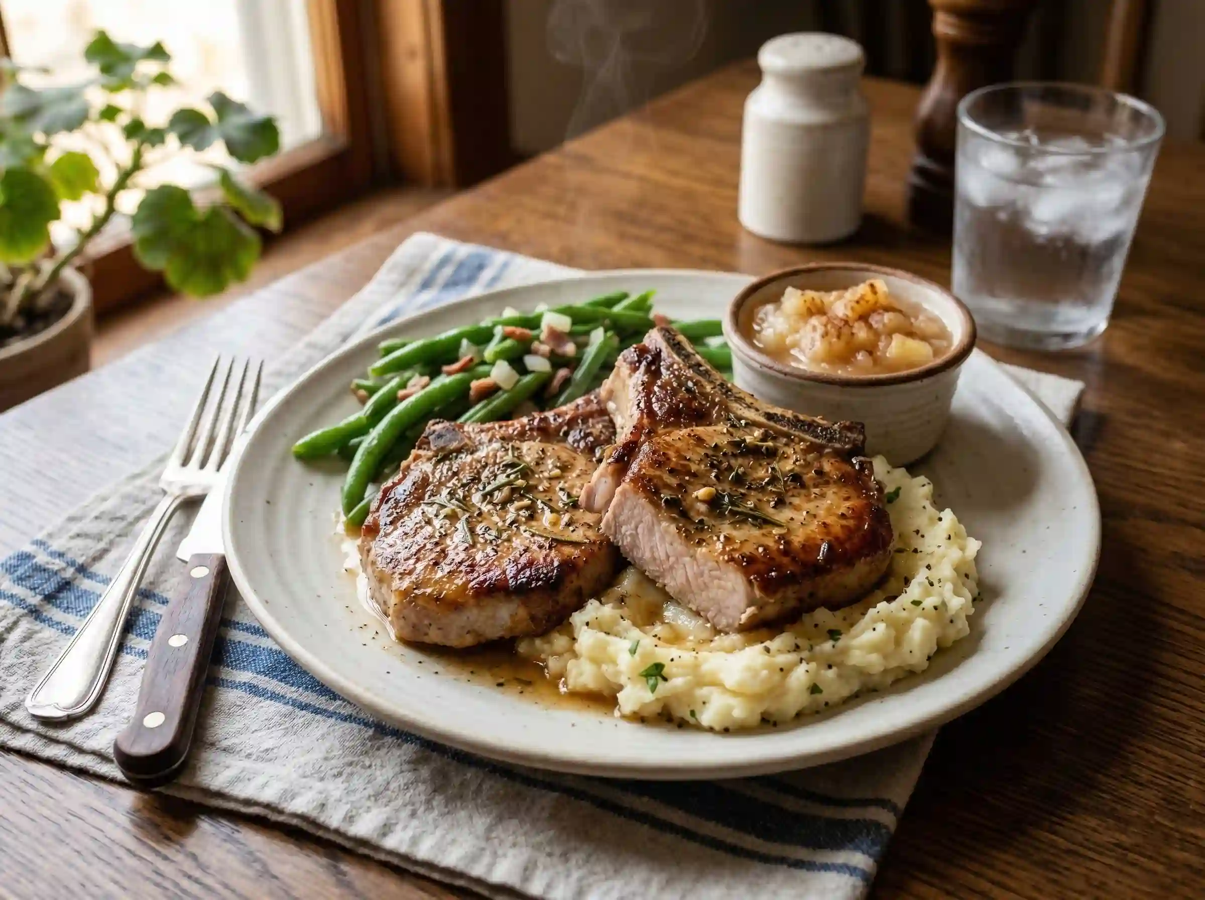 pork chops served with mashed potatoes green beans and apple sauce