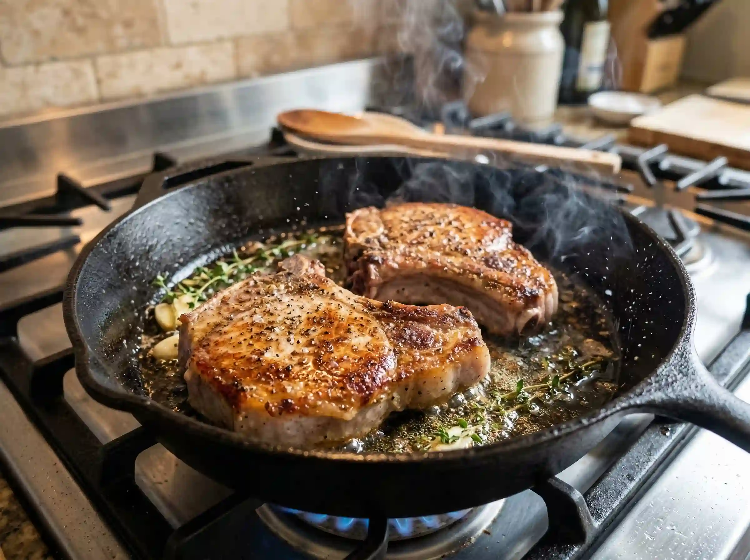 skillet pork chops browning in olive oil on medium heat