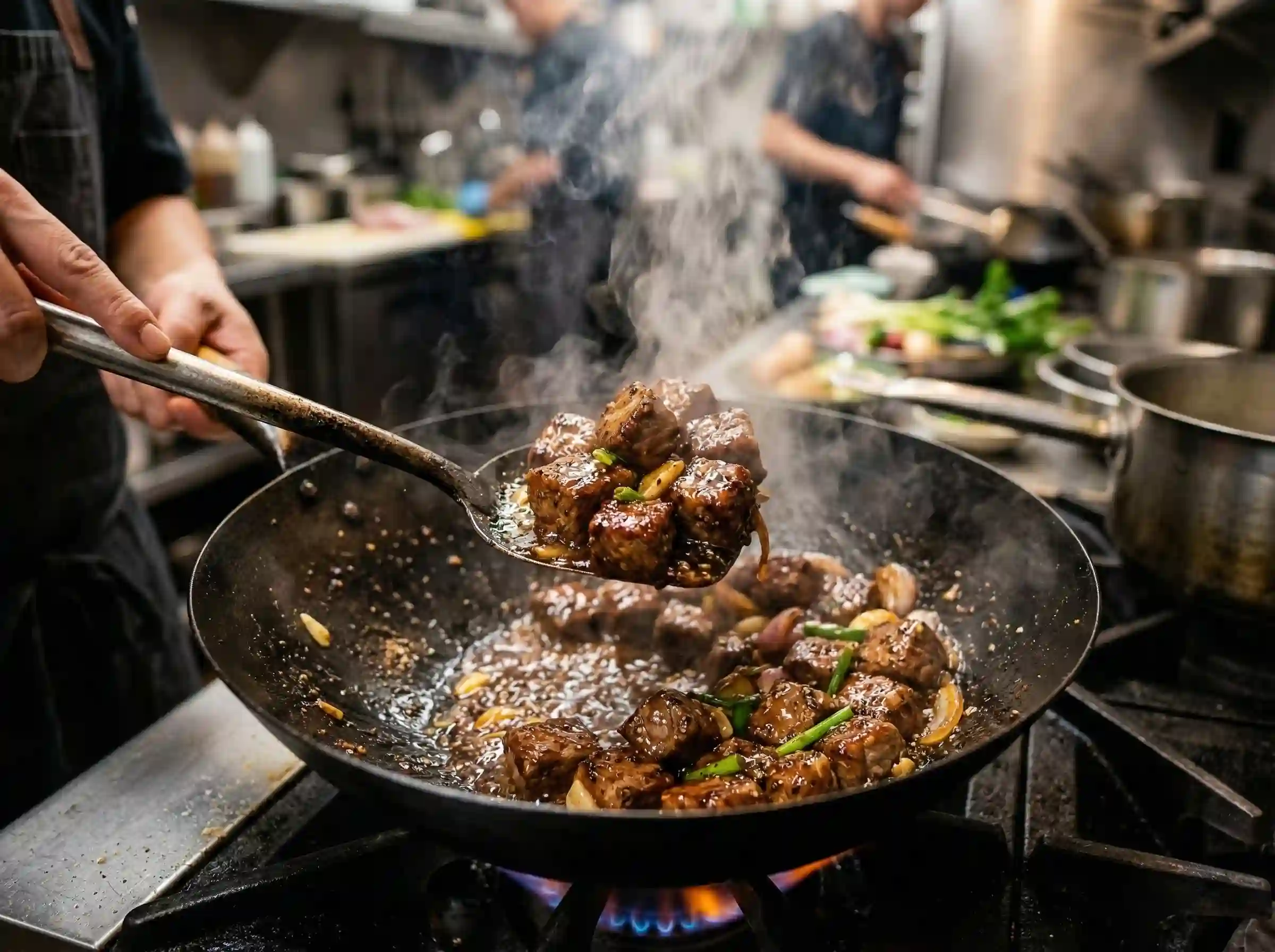 Vietnamese shaking beef cubes searing in a wok with garlic and sauce