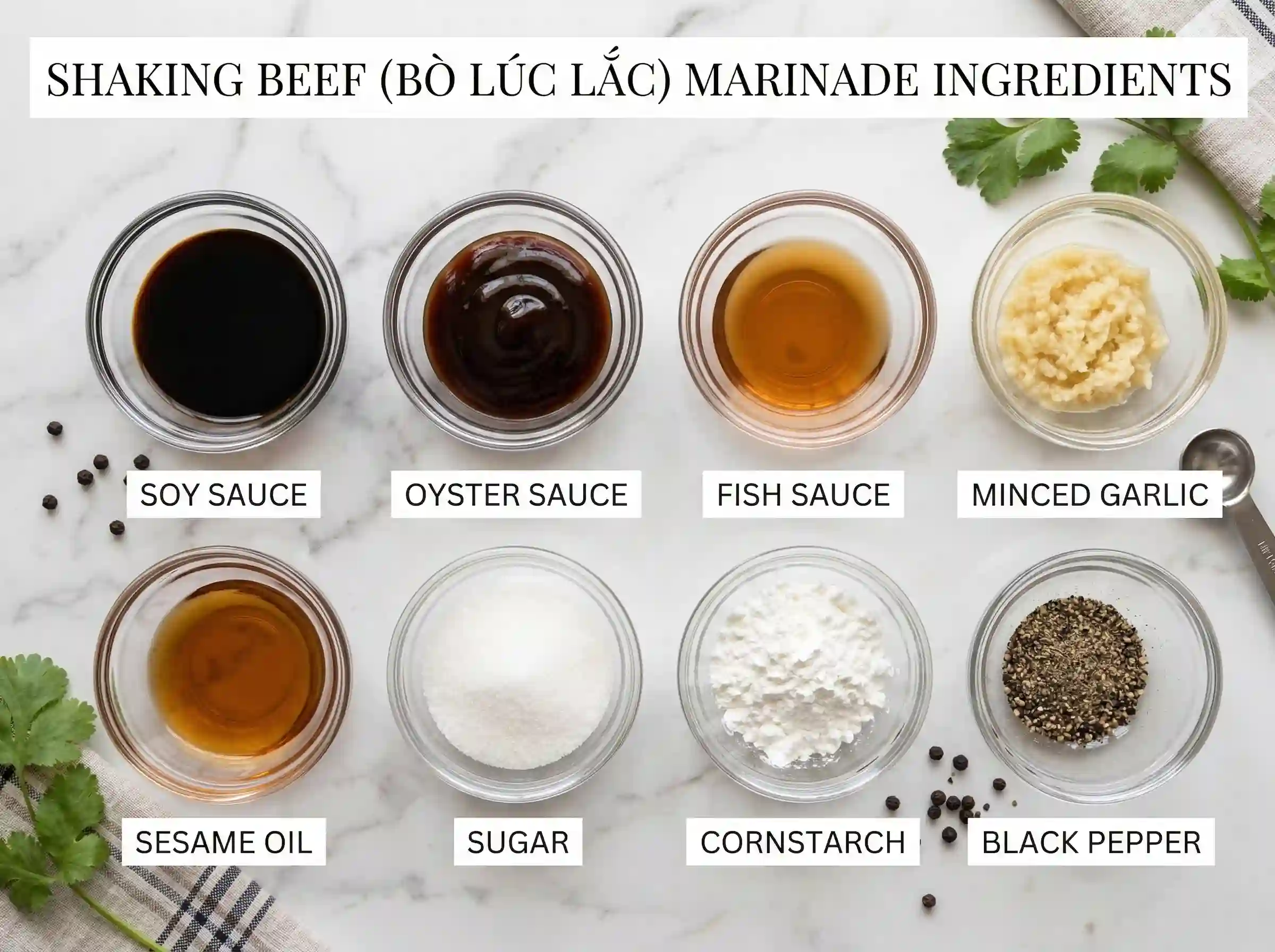 Soy sauce oyster sauce fish sauce garlic and sesame oil ingredients for shaking beef marinade