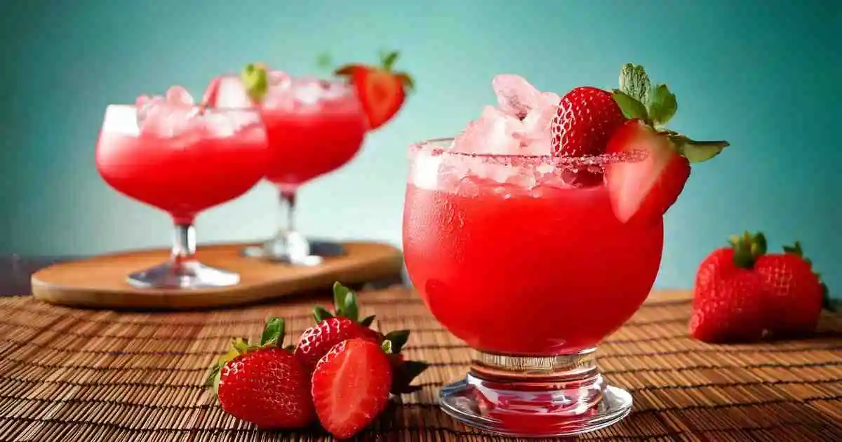 Bright and refreshing strawberry margaritas served in elegant glasses with sugar-rimmed edges, garnished with fresh strawberries and mint leaves, surrounded by whole and sliced strawberries on a bamboo mat, perfect for Margaritaville machine recipes.