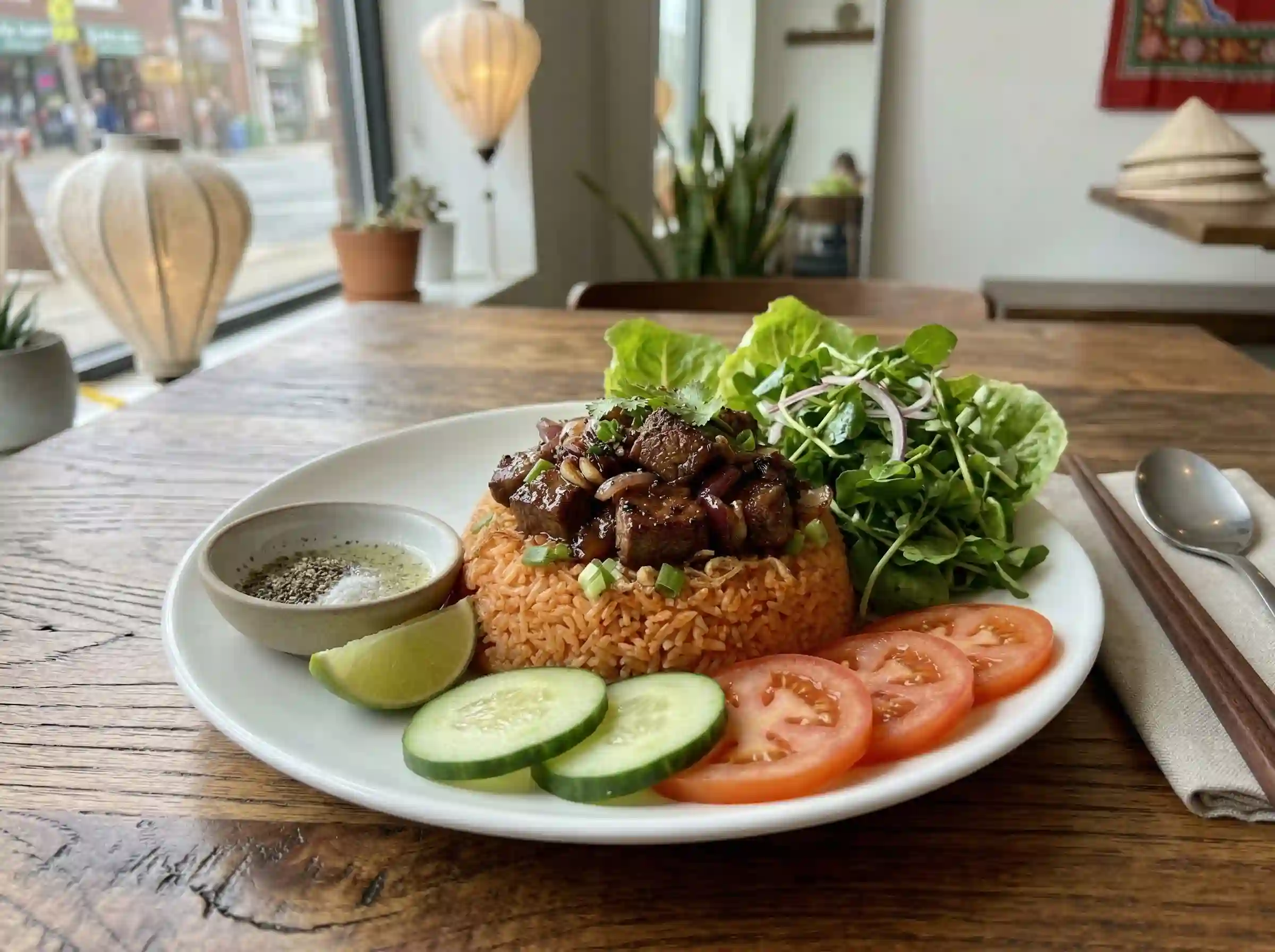 Vietnamese shaking beef served with watercress salad lettuce cucumber and lime pepper dipping sauce