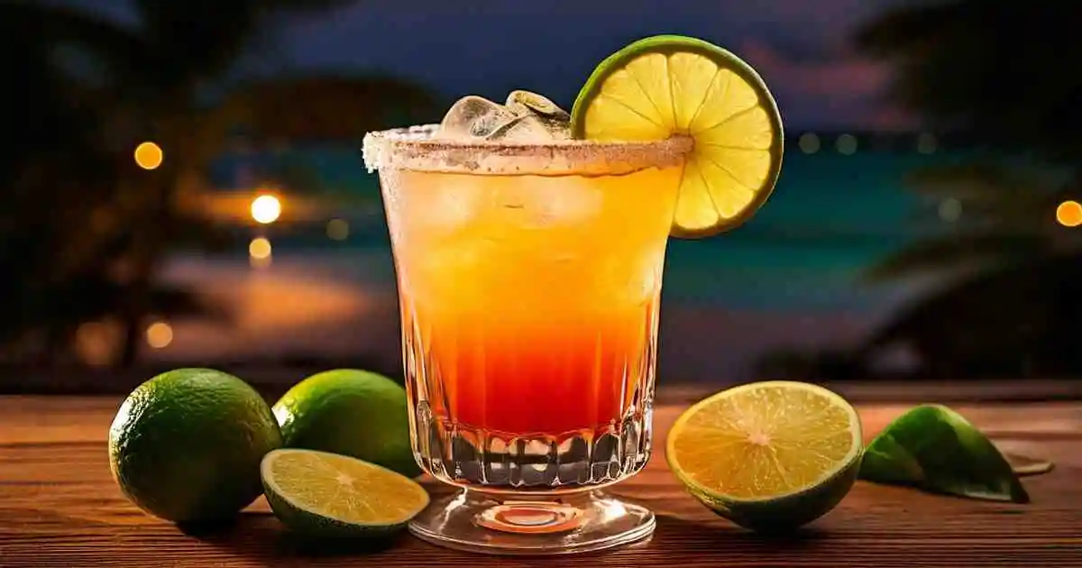 A vibrant tropical margarita with a gradient of orange and red hues, served in a glass with a salted rim, garnished with a lime slice, surrounded by fresh limes, set against a tropical beach backdrop at sunset, perfect for Margaritaville machine recipes.