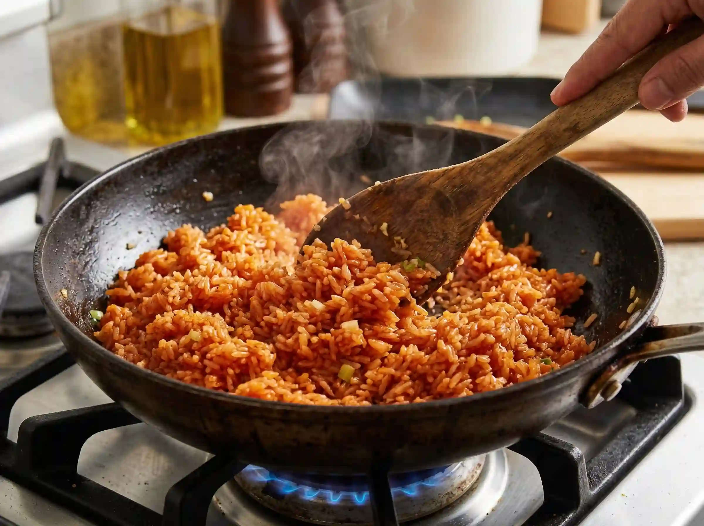 Vietnamese tomato rice cooking in a pan with garlic tomato paste and butter