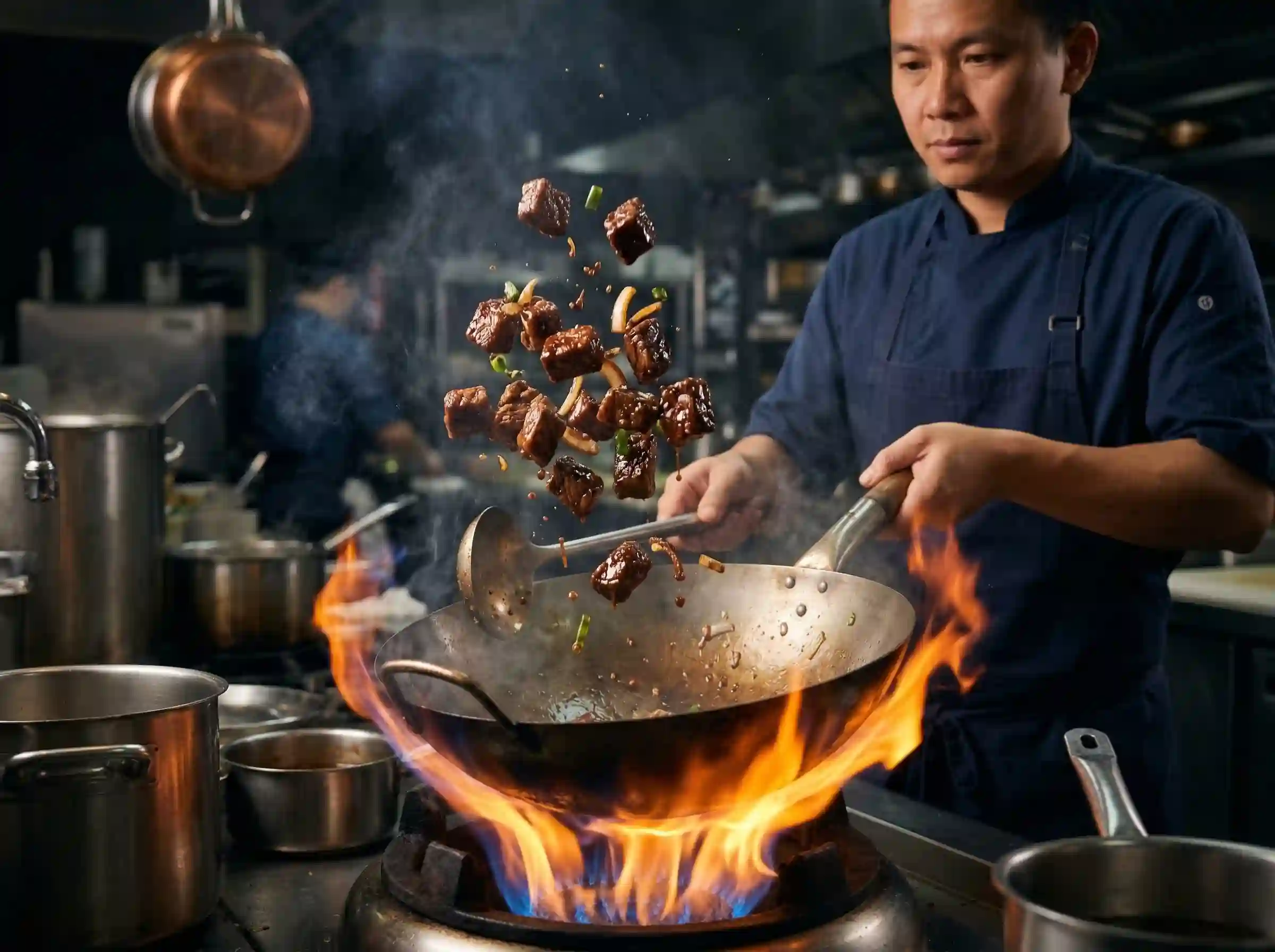 Wok seared beef cubes cooking with high heat for Vietnamese shaking beef