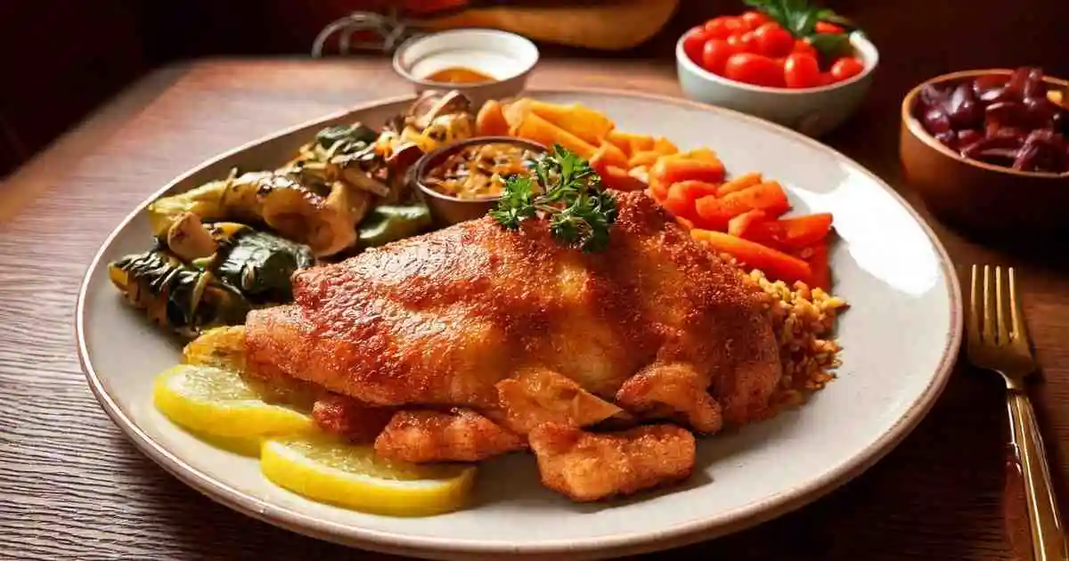 A crispy Pork Con Tiki dish served with grilled vegetables, glazed carrots, lemon slices, seasoned rice, and dipping sauce, garnished with fresh parsley on a rustic wooden table setting.