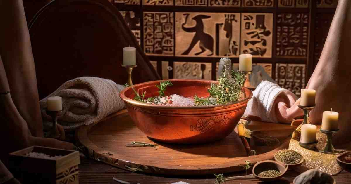 Natural ingredients for a DIY Egyptian foot spa soak, inspired by ancient Egyptian beauty treatments for relaxation and rejuvenation.