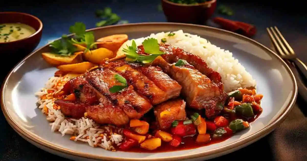 Delicious Pork Con Tiki dish served with grilled vegetables, steamed rice, and crispy roasted potatoes, garnished with fresh herbs.