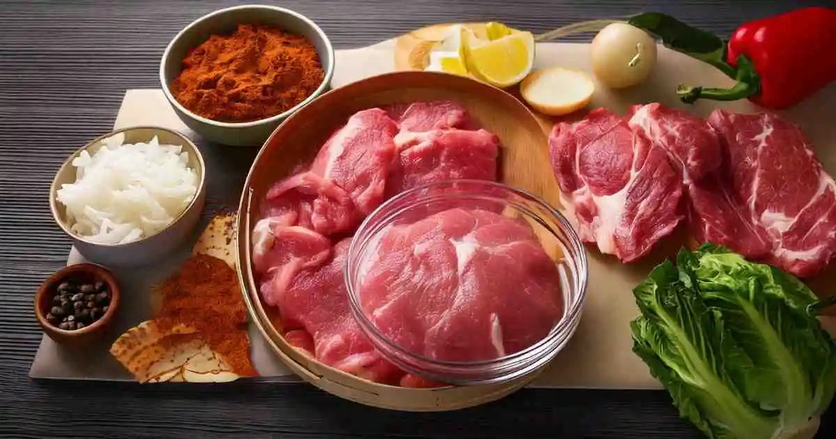 Fresh ingredients for Pork Con Tiki recipe, including raw pork cuts, spices, onions, lemon, peppers, and leafy greens, arranged on a wooden cutting board.