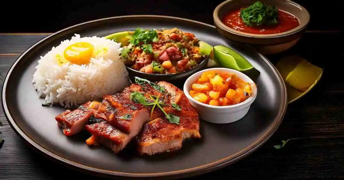 A beautifully plated Pork Con Tiki dish featuring grilled pork slices, white rice topped with a fried egg, a side of beans and vegetables, sweet pineapple salsa, and garnished with lime wedges and fresh herbs.