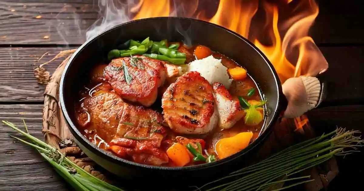 Flavorful Pork Con Tiki dish served in a sizzling pan, accompanied by vegetables, white rice, and fresh herbs, with a fiery backdrop enhancing the presentation.