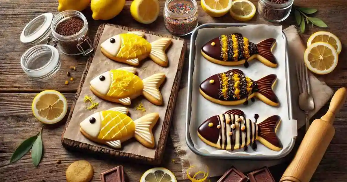 A delicious display of orange and chocolate fish-shaped cookies on wooden and metal trays, surrounded by lemons, chocolate, sprinkles, and baking tools, highlighting a creative twist on an orange fish cookie recipe.