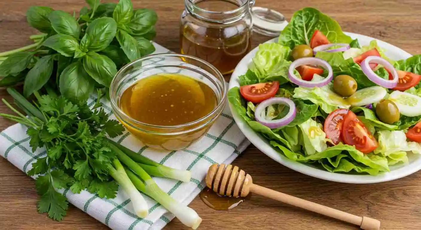 A classic New Orleans Soaked Salad featuring fresh herbs, romaine lettuce, green olives, red onion, and a rich dressing, served alongside a jar of homemade vinaigrette.