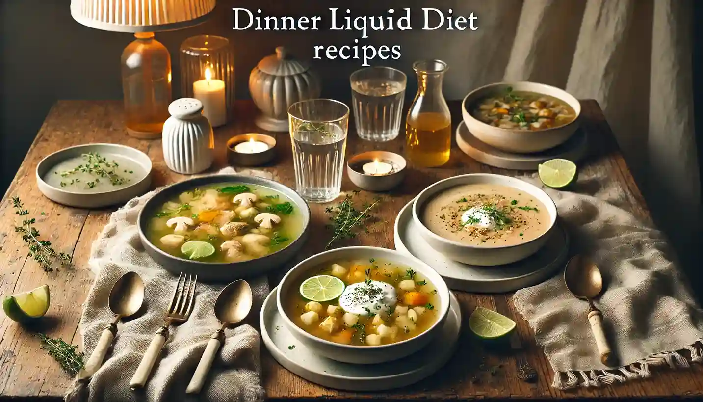 A cozy dinner setup featuring liquid diet recipes, including vegetable broths and creamy soups, accompanied by candles, lime slices, and fresh thyme.