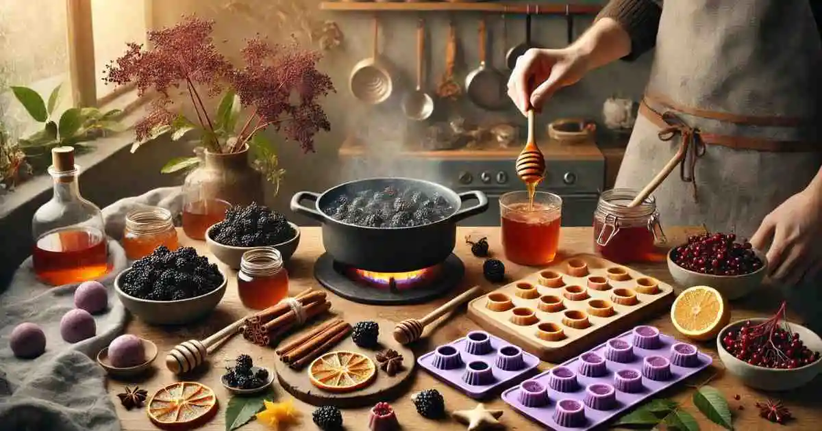 A cozy kitchen scene showing the preparation of elderberry bombs. Ingredients include fresh elderberries, honey, cinnamon sticks, dried oranges, and silicone molds. A person stirs honey into a jar, while elderberries simmer on the stove.