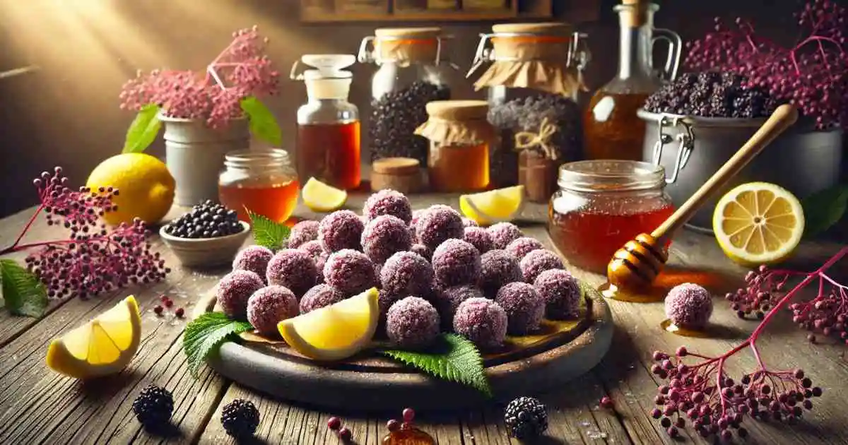 A rustic display of elderberry bombs surrounded by fresh elderberries, honey jars, lemon slices, and vibrant leaves, highlighting a natural and healthy elderberry snack recipe.