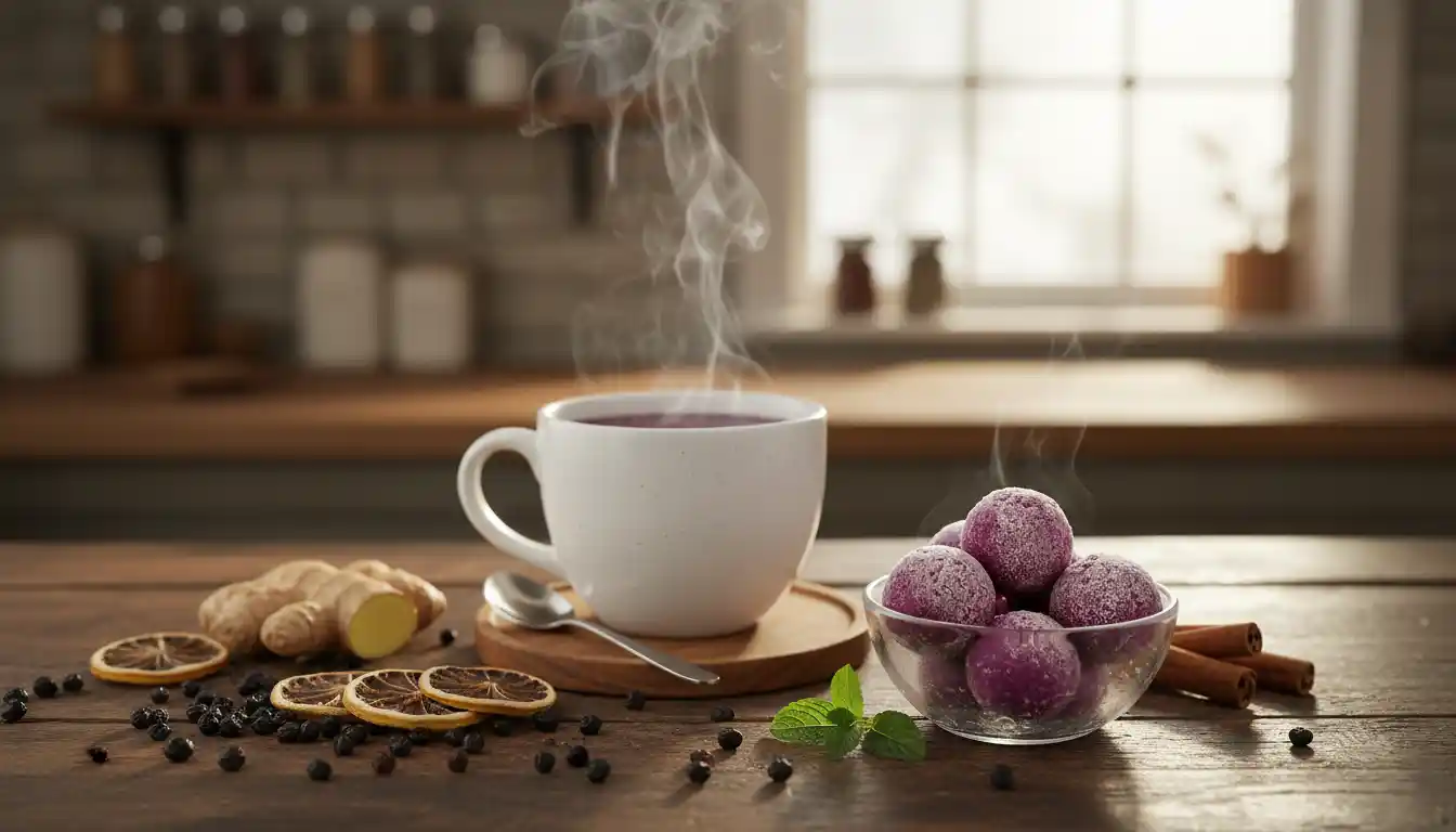 “Steaming cup of elderberry hibiscus tea surrounded by dried berries, citrus, and cinnamon on a rustic table, representing the cozy wellness introduction to the Elderberry Bombs recipe.”
