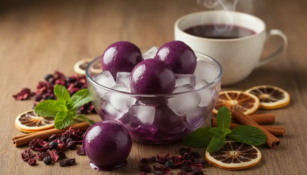 "Bright elderberry tea bombs with hibiscus, citrus, and ginger sit on a rustic table. Next to them is a steaming cup of herbal tea. This drink is rich in antioxidants and boosts your immune system."