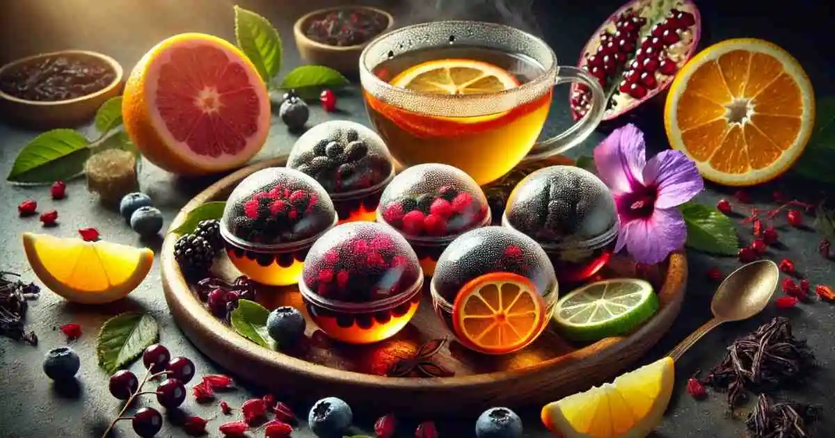 Vibrant elderberry tea bombs infused with fresh fruits, citrus slices, and herbal tea ingredients displayed on a wooden tray, accompanied by a steaming cup of tea and a colorful assortment of berries, oranges, and hibiscus flowers.