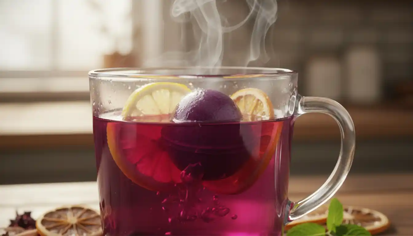 “Elderberry tea bomb melting in hot water with lemon and orange slices, creating a vibrant antioxidant-rich vitamin C drink for natural immune support.”