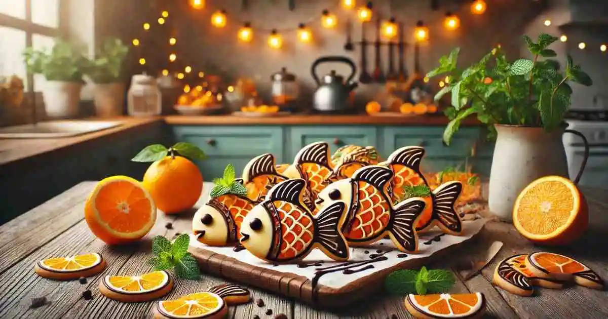 A vibrant kitchen setting featuring beautifully decorated orange fish-shaped cookies arranged on a platter, surrounded by fresh oranges, mint leaves, and festive fairy lights, perfect for a creative orange fish cookie recipe.