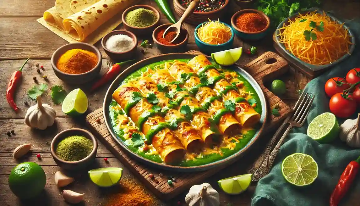 A colorful platter of chicken enchiladas garnished with cilantro and surrounded by an assortment of fresh spices, lime wedges, and tortillas, inspired by the Flower Child recipe.