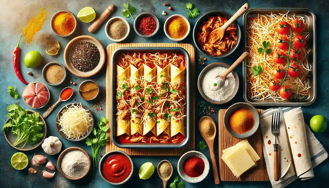 A baking tray filled with chicken enchiladas topped with cheese and herbs, surrounded by fresh ingredients, spices, and garnishes, recreating the Flower Child chicken enchiladas.