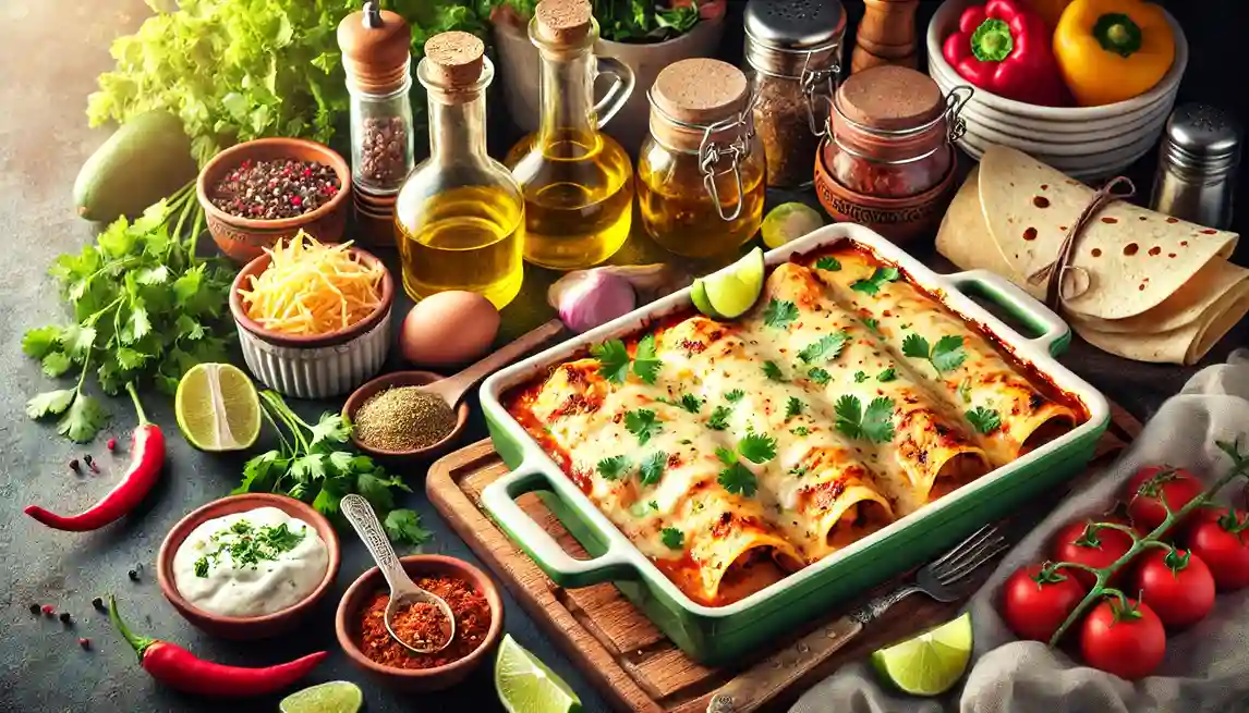 A casserole dish of cheesy chicken enchiladas, garnished with fresh herbs, displayed with oils, spices, and tortillas for a Flower Child-inspired recipe.